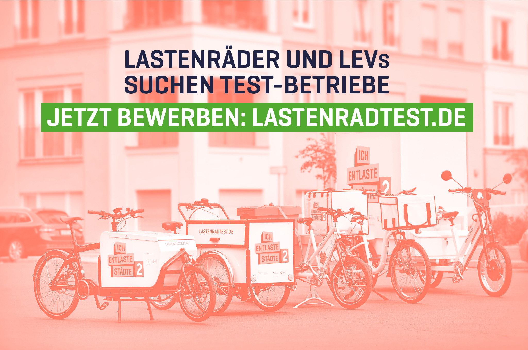 Auf dem Bild sind 5 Lastenräder zu sehen. Text: Lastenräder und Leichtelektrofahrzeuge suchen Test-Betriebe. Jetzt bewerben auf www.lastenradtest.de